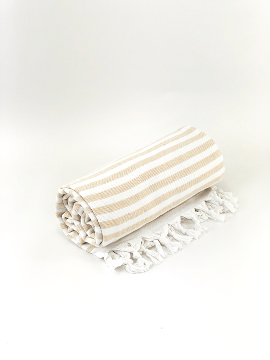 Deluxe Large Turkish Beach Towel - Striped Beige