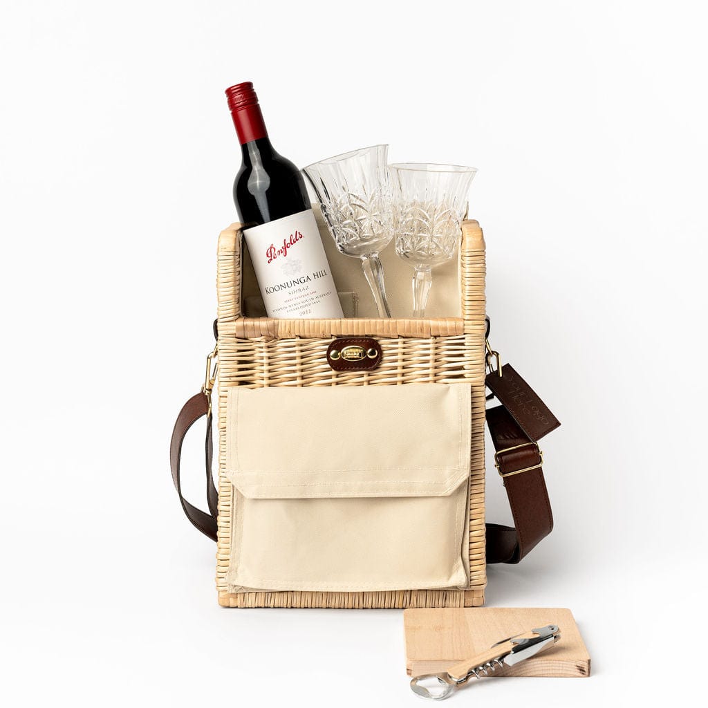 Picnic On The Go gift hamper. A Portable Wicker Picnic Basket with Penfolds Koonunga Hill Shiraz, acrylic etched wine glasses, beech wooden serving board and bottle opener.