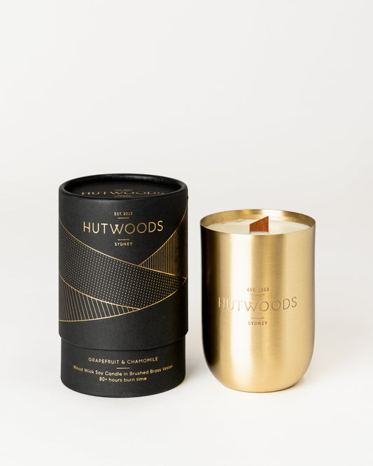 Hutwoods Luxury Brushed Gold Brass Candle - Grapefruit & Chamomile - 350g