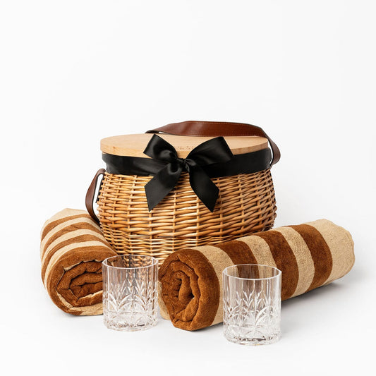 Wicker Basket Corporate Gift with towels and glassware. 