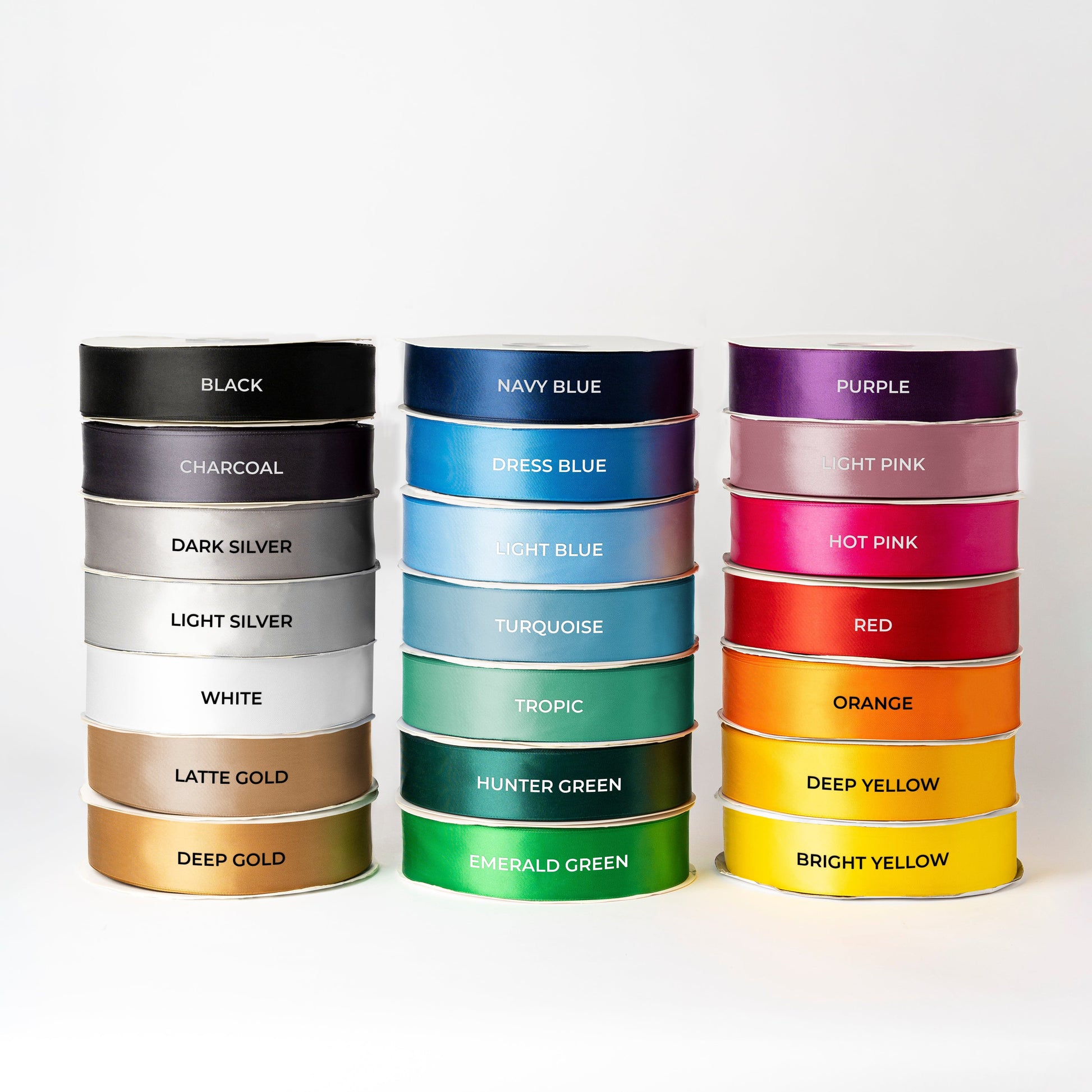 Ribbon colour options: black, charcoal, dark silver, light silver, white, latte gold, deep gold, navy blue, dress blue, light blue, turquoise, tropic, hunter green, emerald green, purple, light pink, hot pink, red, orange, deep yellow, bright yellow. 