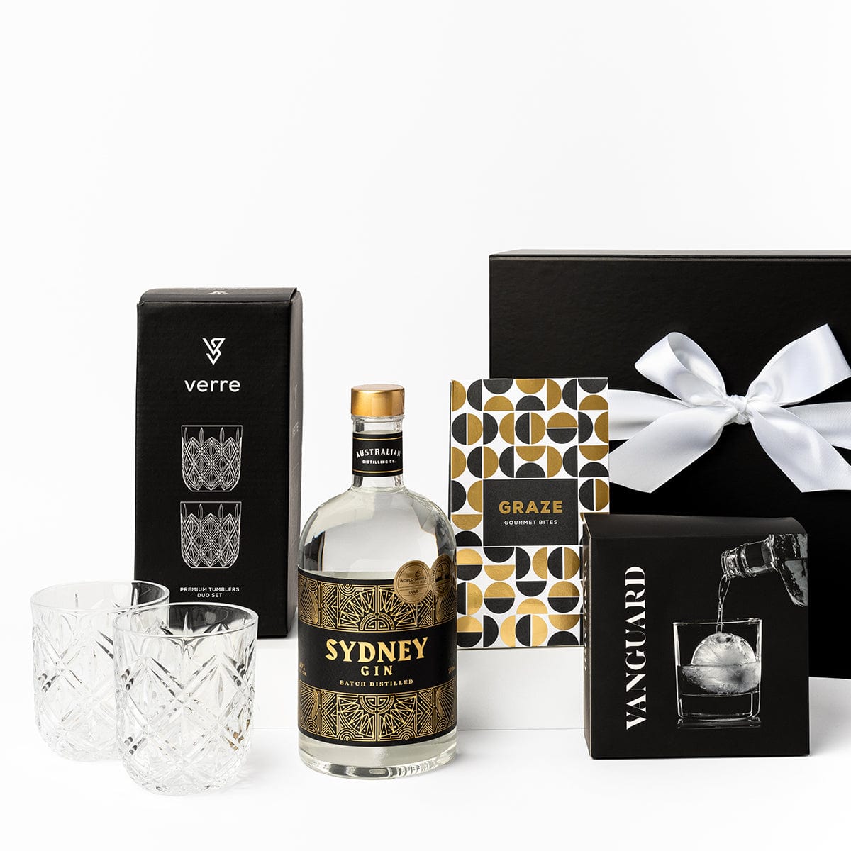 Verre etched glasses, Sydney gin, graze gourmet bites, vanguard ice tray mould with a black gift box and white ribbon. 