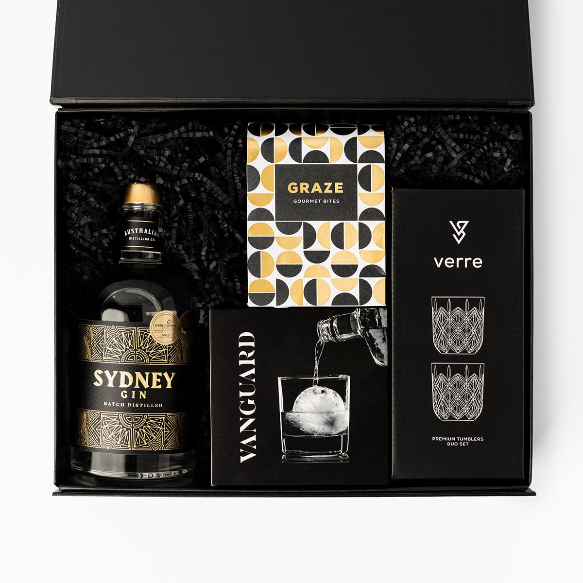 Verre etched glasses, Sydney gin, graze gourmet bites, vanguard ice tray mould in a black gift box. 