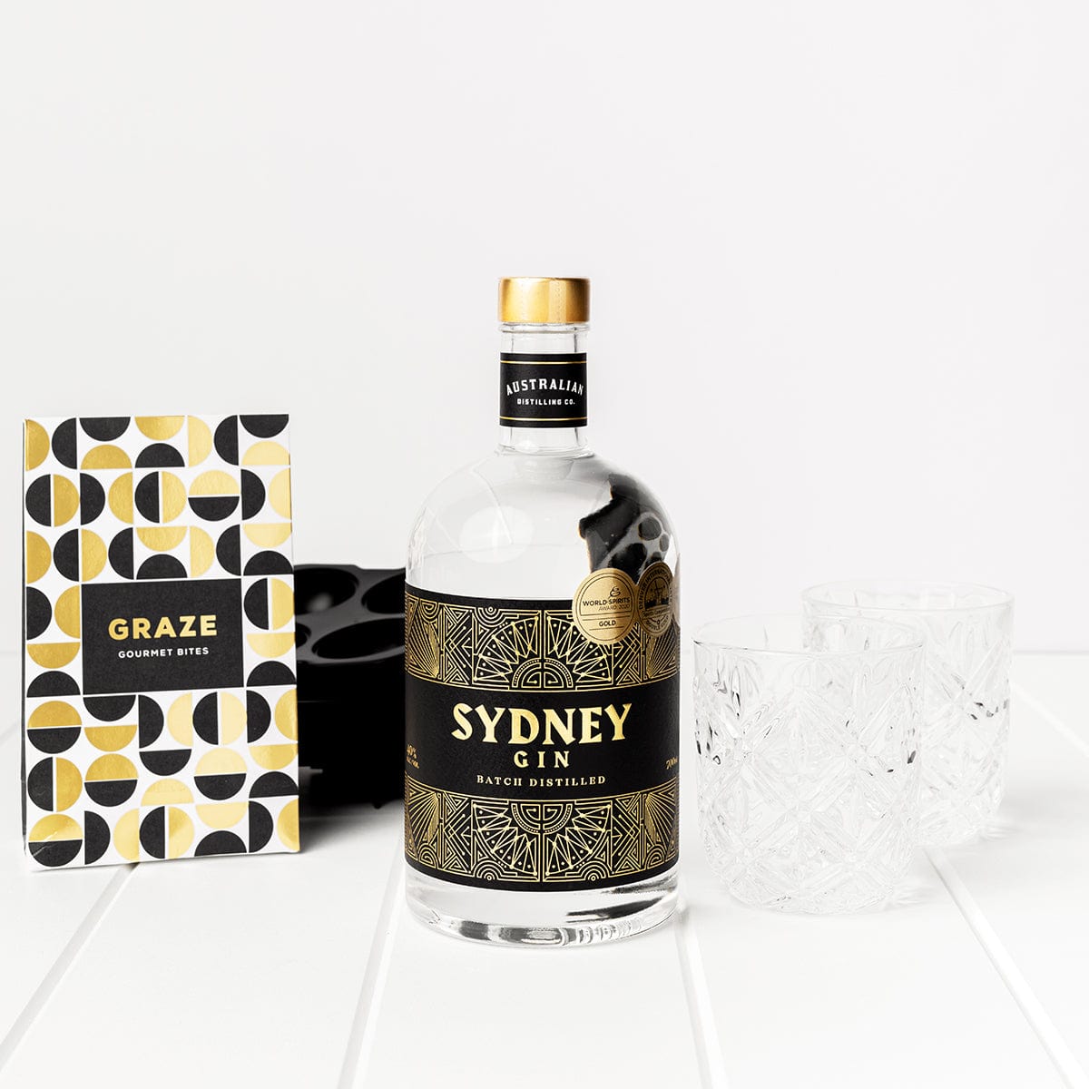 Sydney gin, graze gourmet bites and etched glass tumblers. 