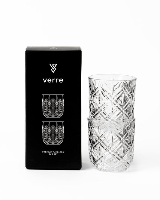 VERRE European Etched Glass, Tumbler Set - 2pc Black Gift Box